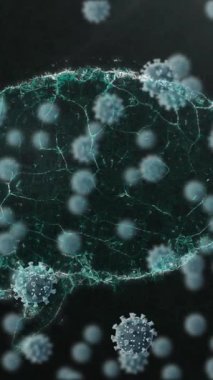 Makro Covid-19 hücrelerinin dijital çizimi insan beyninin üzerinde yüzüyor, bağlantılardan yapılmış, dönüyor. Coronavirus Covid-19 pandemik konsept dijital bileşik