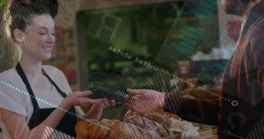 Müşteri ekmek fırını ve kasiyer seçiyor. Musluk taksitleri gösteriliyor, sonra da torba dağıtılıyor. Perakende, ticaret, temassızlık, dijital, işlem, tüketici, teknoloji