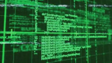 Beyaz statik aksaklık yeşil kod bloklarını kaydırıyor ve demo için kablo simülasyonu değiştiriyor. Fütürist, dijital, soyut, teknoloji, arıza, matris, siber