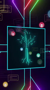 Animation of integrated circuit over messages and social media icons over digital space. Global computers, network, data processing and technology concept digitally generated video.