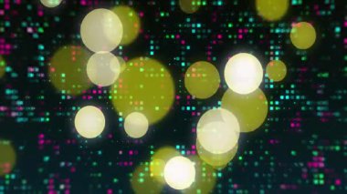 Şebeke darbesi başlatılıyor, yarısaydam daireler soldan ortaya çıkıyor, merkeze doğru sürükleniyor, derinlik gösteriyor. Soyut, dijital sanat, hareket grafikleri, teknoloji, fütüristik, canlı, animasyon