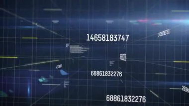 3D ızgara açılışı yüzen numaraları başlatıyor, kod blokları kullanıcı rehberli veri akışına doğru kayıyor. Siber uzay, veri görselleştirme, dijital ortam, fütürist, teknoloji, soyut, sanal gerçeklik