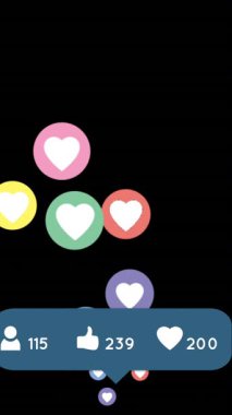 Renkli kalp simgelerinin havada uçuşması ve siyah arka planda yükselen sevgi, insan sembolleri ve sayılarının olduğu bir konuşma balonu.