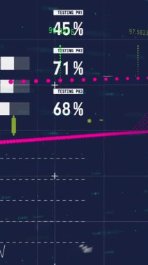 Bilgi arayüzü üzerinden değişen sayılarla çok renkli grafiklerin canlandırılması. Dijital olarak üretilen hologram, illüstrasyon, ilerleme, rapor, iş dünyası, büyüme ve küresel konsept.