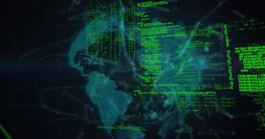 Dijital uzayın açılışı, dünyanın solan ve dönen kodları ve örgü ören görselleştirme akışını gösteriyor. Teknoloji, siber güvenlik, veri, yenilik, ağ, görselleştirme, gelecekçilik