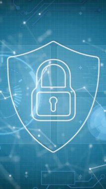 Mavi arka planda asma kilitli dijital kalkanın animasyonu. küresel internet güvenliği, veri işleme ve dijital arayüz kavramı dijital olarak oluşturulmuş video.