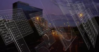 Otobanda kayan ışık çizgileri para birimini gösteriyor, ölçümleri döndürüyor ve pazarı haritalıyor. Teknoloji, veri görselleştirme, fütürizm, şehir manzarası, siber güvenlik, analitik, dijital arayüz