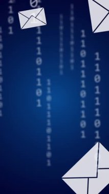 İkili kodlama, zarf simgeleri ve veri işleme animasyonları. Küresel ağlar, dijital arayüz, hesaplama ve veri işleme kavramı dijital olarak oluşturuldu.