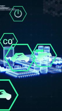 Çevresel veriler ve sürdürülebilirlik ikonları dijital şehir manzarası üzerinde animasyon. Teknoloji, çevre dostu, akıllı şehir, yeşil enerji, yenilenebilir, kentsel