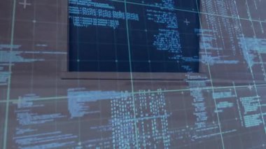 Karanlık çerçeve açılışı merkezi kod penceresi kaydırma, ızgara ve parçalar solma ve sürüklenme animasyonu. Siber güvenlik, veri görselleştirme, gelecek, teknoloji, dijital arayüz, soyutlama, yenilik