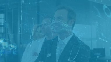 Şeffaf harita gözlemleyen doktorlar başlangıç çizelgelerini doldurup kaydırma analizi tamamlandı. Sağlık, teknoloji, yenilik, işbirliği, veri görselleştirme, profesyonel, modern