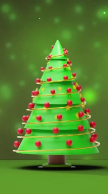 Yeşil zemine düşen karlar üzerine düşen Noel ağacı animasyonu. Noel, gelenek ve kutlama konsepti dijital olarak oluşturuldu.