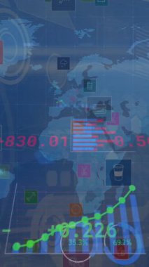 Dünya haritasında finansal veri işleme animasyonu. küresel iş, finans, bağlantılar ve dijital arayüz konsepti dijital olarak oluşturulmuş video.