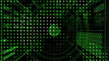 İleriye doğru hareket eden kamera nokta ızgarası oluşturan bir tünel oluşturarak çember arayüzü canlandırıyor. Gelecek, teknoloji, veri, dijital, arayüz, soyut, siber