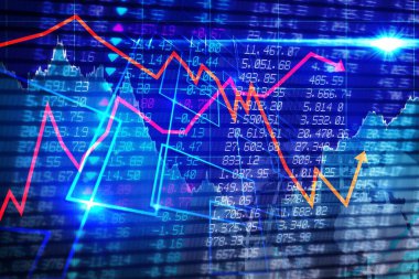 Renkli çizelgeler mavi ızgarada işaretler, oklar ve dünya haritası siluetleriyle trendleri gösteriyor. Finansal analiz, veri görselleştirme, dijital arayüz, piyasa analizleri, yatırım, teknoloji, şirket