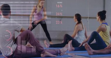 Sağlık güncelleme ölçümlerini kaplarken, eğitmen de katılımcılara esneme ve rehberlik ediyor. Zindelik, sağlık, egzersiz, veri görselleştirme, farkındalık, sağlıklı yaşam tarzı, dijital grafikler