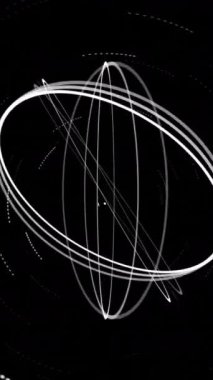 Beyaz halkaların dönmesi ve siyah arkaplanda hareket eden ışık noktaları. hareket ve bağlantı soyut arkaplan kavramı dijital olarak oluşturulmuş video.