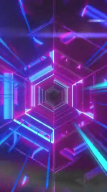 Siyah arkaplan üzerinde neon ışık izleri ve dijital tünel animasyonu. Soyut, neon ve şekiller konsepti, dijital olarak oluşturulmuş video.