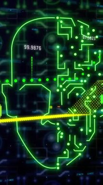 Çevrimiçi biyometrik yüz animasyonu, bilgisayar devre kartından veri işleme. Küresel çevrimiçi güvenlik, veri işleme, dijital arayüz ve bağlantılar konsepti dijital olarak oluşturuldu.