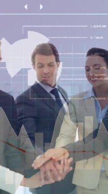 Animation of data processing over diverse business people. Global business, finances, computing and data processing concept digitally generated video.