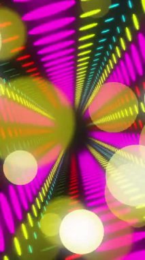 Siyah arkaplanda renkli neon noktalar ve dijital tünel animasyonu. Soyut arkaplan, geçmişe dönük gelecek ve dijital olarak oluşturulmuş görüntü konsepti.