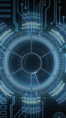 Siyah arka plandaki ana kartın üzerindeki arayüzdeki dairesel tarayıcı işleme verilerinin animasyonu. Veri, küresel iletişim ve dijital arayüz kavramı dijital olarak oluşturulmuş video.