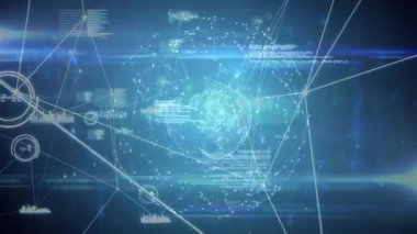 Merkezde ortaya çıkan açılış küresi, veri akışı için panelleri birbirine bağlayan düğümleri ve çizgileri etkinleştiriyor. Gelecekçi, dijital, teknoloji, bağlantı, holografik, ağ, veri görselleştirmesi