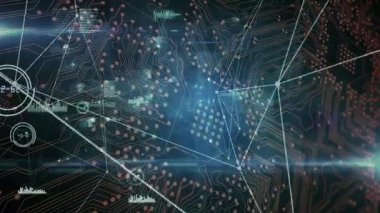 Mavi parlama merkezi, devre kartı veri akışını gösteren simgelerin titreşmesine neden oluyor. Teknoloji, yenilik, bağlantı, dijital, fütüristik, veri, ağ