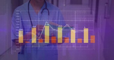 Hastane koridorundaki dosyalara girip canlandırılmış hasta dosyalarını inceleyen bir tıp uzmanı. Sağlık, takım çalışması, dijital, tanı, profesyonellik, klinik, tıbbi