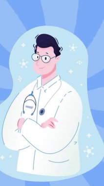 Kolları mavi spiral arka planda çaprazlanmış erkek doktor ikonunun dijital animasyonu. tıbbi ve sağlık hizmeti kavramı