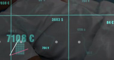 Yatakta uzanan çocuk, değer güncellemesi ve tablolar ile yükselen para birimi etiketleri ile finans. Finans, veri görselleştirme, dijital gösterge paneli, modern, analitik, yatırım, teknoloji