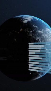 Dünya üzerinde mavi arka planda istatistik ve veri işleme animasyonları. Küresel iş, çevre ve veri işleme kavramı dijital olarak oluşturulmuş video.