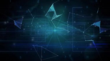 Çokgenler içe doğru sürükleniyor düğümleri birleştiriyor dönen dünyayı etiketlerle birleştiriyor ve ağı görselleştiriyor. Dijital, geleceksel, soyut, teknoloji, veri, bağlantı, ağ