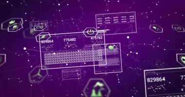 Mor ağ, klavye panellerinin ortaya çıkmasına neden oluyor. Enerji verilerini gösteren altıgen simgeleri yüzüyor. Futuristik, teknoloji, veri, dijital, arayüz, ağ, yenilik