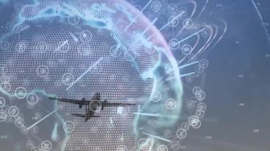 Afrika noktalı küreyi etkinleştirirken çift motorlu uçak izleyiciye yaklaşıp veri ağını görselleştiriyor. Teknoloji, bağlantı, küresel, havacılık, dijital, iletişim, ağ