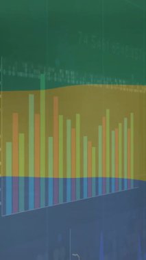 Finansal veri tabloları ve grafikleri yeşil ve mavi arkaplan üzerinde animasyon. Finans, istatistik, analiz, büyüme, iş, yatırım