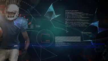 Futbolcu teknoloji merkezine giriyor, kod parçaları holografik küre oluşturup bpm 'yi analiz ediyor. Sibernetik, fütürist, dijital, atlet, yenilik, sanal, yüksek teknoloji