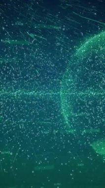 Veri işleme ve kürede hareket eden şekillerin animasyonu. Sosyal medya, teknoloji ve dijital arayüz kavramı dijital olarak oluşturulmuş video.