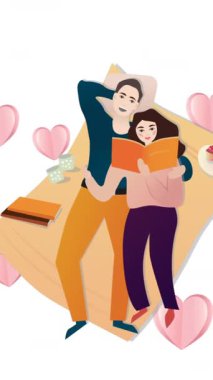 Beyaz arka planda melekler ve kalplerle battaniyede kitap okuyan beyaz bir çiftin animasyonu. Aile ve evlat edinme kavramı dijital olarak oluşturulmuş video.