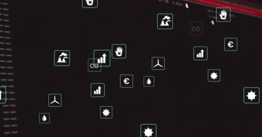 Siyah ekran başlayan yeşil simgeler sürükleniyor, kod haline geliyor, gösterge paneli için günlük metin üzerinde kümeleniyor. Kontrol paneli, analitik, veri görselleştirme, sürdürülebilirlik, arayüzler, yenilik, teknolojik