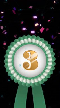 Yeşil ve beyaz rosette 3 numara ve siyah arka planda düşen konfeti animasyonu. Üçüncülük, rekabet, ödül, başarı, başarı ve kutlama, dijital olarak oluşturulmuş video.