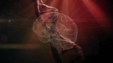 Dönen DNA sarmalı, kablo grafiğini başlatıyor, soluyor, genetik sinirsel bağlantıyı gösteriyor. Moleküler, biyoteknoloji, fütürist, bilim kurgu, yenilikçi, dijital, bilimsel