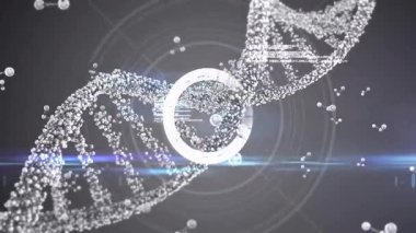 Başlangıçta, parçacık bazlı DNA sarmalı panellerle dönüyor. Görselleştirme kodunun etrafında dönen moleküller. Biyoteknoloji, moleküler, soyut, fütüristik, dijital, yenilik, bilim