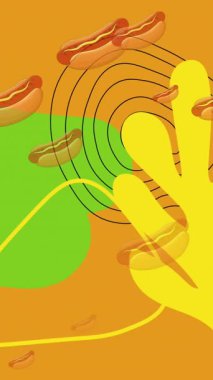 Sarı ve yeşil şekilli düşen sosislilerin ve sarı arka plandaki hatların animasyonu. yiyecek ve beslenme konsepti dijital olarak üretilen video.