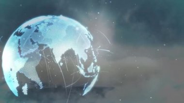 Yarı saydam noktalı Dünya küresi görünüyor, dönüyor ve dijital ağı gösteriyor. Gezegen, bağlantı, teknoloji, veri, yenilik, soyut, dijital