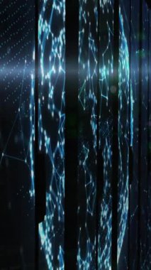 Animation of shapes moving and globe over server room. Global business and digital interface concept digitally generated video.