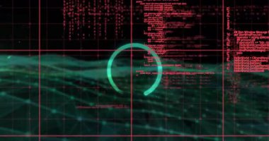 Yeşil dairesel ilerleme göstergesi, ağ üzerinde kırmızı kod akımlarıyla senkronize olarak görünen yay üzerinde dönüyor. Teknoloji, dijital, arayüz, fütüristik, hareket, soyut, veri