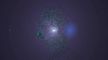 Parlayan noktalar birleşerek dönen kafaya dönüşüyor mercek yayıyor ve sinirsel bağlantıyı gösteriyor. Soyutlama, fütüristik, dijital, yenilik, teknoloji, sinirsel, hareket