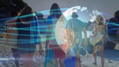 Grup halinde yürüyen plaj, solan dünya ve teknolojik bağlantıyı gösteren turkuaz kurdeleler. Macera, keşif, bağlantı, teknoloji, açık hava, tatil, boş zaman