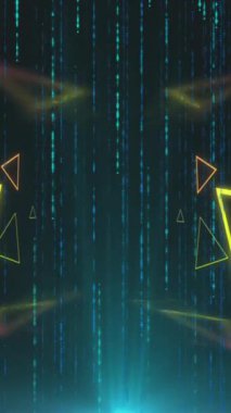 Üçgenlerin canlandırılması ve siyah arkaplanda düşen beyaz noktalar. Renkler, soyut arkaplan ve dijital arayüz konsepti dijital olarak oluşturulmuş video.